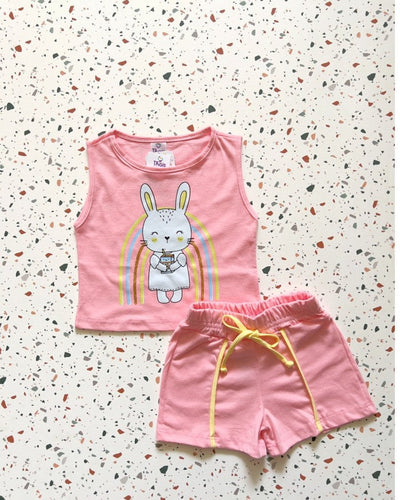 Conjunto TFK Rosa estampa coelhinha arco-iris - regata e shorts infantil