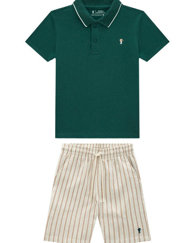 Conjunto Infantil Menino Polo em Suedine Leve e Bermuda em Linho Eco Listrado - foto 1