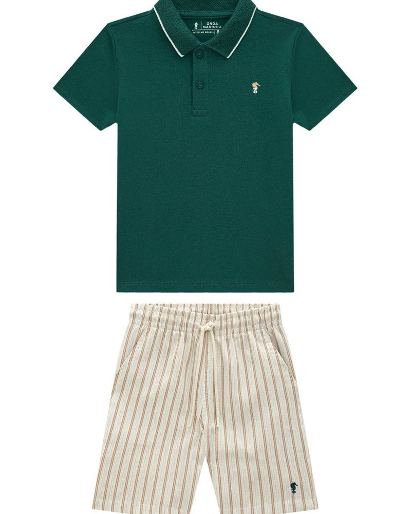 Conjunto Infantil Menino Polo em Suedine Leve e Bermuda em Linho Eco Listrado - foto 1