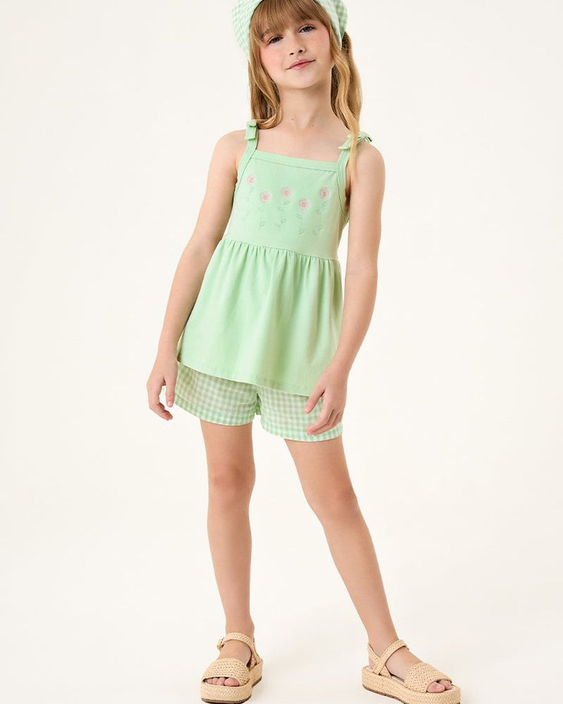Conjunto Infantil Menina Batinha em Cotton e Short em Tecido Xadrez Vichy com Forro - foto 1